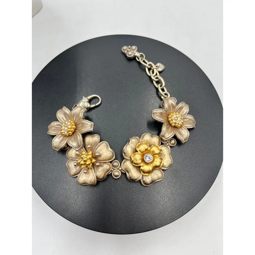 Brighton‎ Vintage Retro Garden Flower Two-Tone 3-D Crystal Brushed Bracelet
